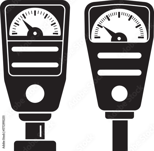 Two black silhouettes of vintage parking meters side by side