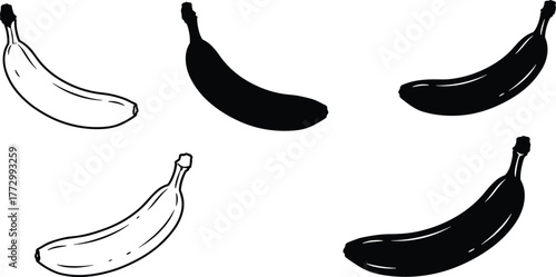 Five banana silhouettes and outlines, black and white tropical fruit vector illustration, minimal design, healthy food concept, isolated fruit drawing