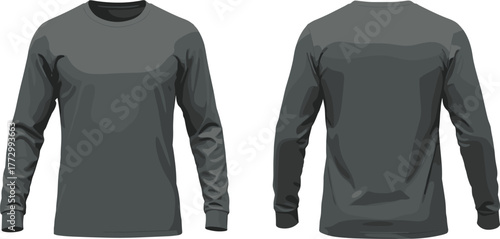 Black long sleeve t-shirt front and back view, unisex crew neck casual shirt, realistic clothing mockup, fashion apparel template