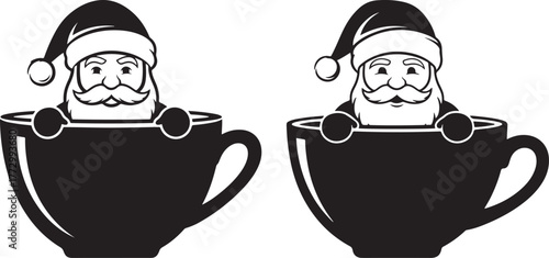 Two black and white illustrations of santa claus peeking out of coffee cups