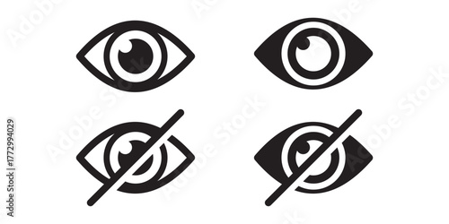 See and unsee eye icon isolated on white background. Vision and invisible eyes sign. Show and hide. Icon element for app, website, and interface. Vector illustration.