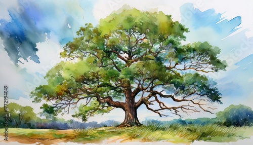 watercolor painting oak tree
