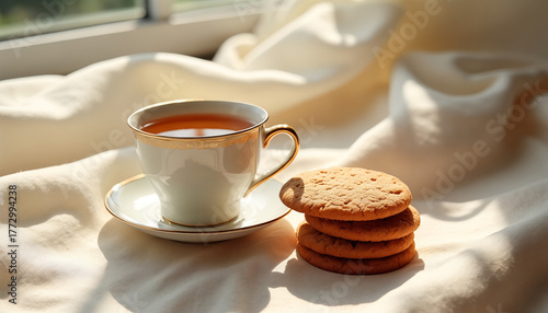 Cup of tea and ginger cookies on beige linen fabric, cozy home scene