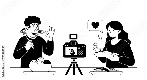 Food blogger couple recording a video eating and reviewing food vector illustration in black and white