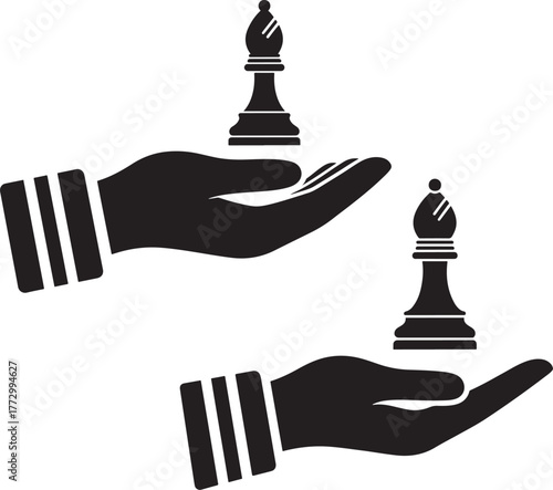 Strategic chess game with hands offering bishops on white background