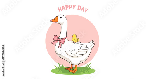 Cute goose with a pink bow and a small chick cartoon illustration for baby shower invitations greeting cards and childrens books