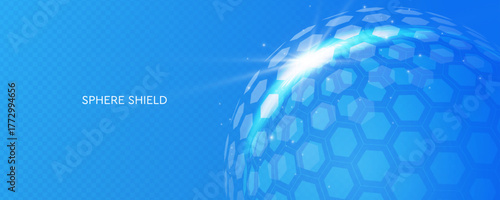 3d protection sphere with geometric hexagon structure. Glass transparent bubble shield. UV protection ultraviolet. Technology security concept. Vector illustration.