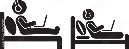 Person using laptop in bed with headphones on two different positions