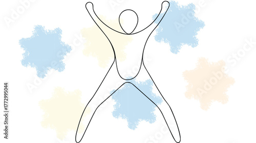 Person jumping with arms raised single line with colorful splashes