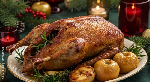 Festive holiday roast duck with apples and rosemary on a rustic table setting