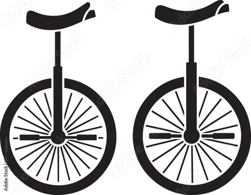 Two simple black silhouette unicycles facing forward side by side