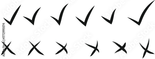  hand drawn check mark and cross mark icon set. Yes no sign. Approve and reject symbol. Green Tick and Red X Sign