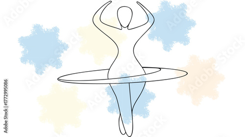 Woman hula hooping with arms raised single line with colorful splashes