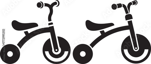 Two simple black and white silhouettes of children s tricycles