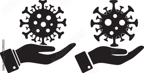 Two hands holding coronavirus icons symbolizing protection and prevention
