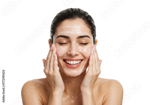 Woman smiling while applying face cream isolated on transparent background