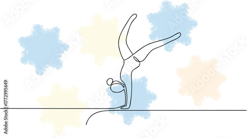 Gymnast performing a handstand single line with colorful splashes line