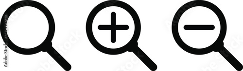 zoom in and zoom out icon set. Search icon with plus and minus sign. Magnifier glass sign with zoom in out symbols 