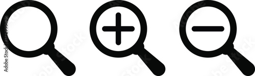 zoom in and zoom out icon set. Search icon with plus and minus sign. Magnifier glass sign with zoom in out symbols 