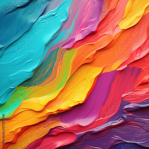 Colorful Abstract Painting with Flowing Texture in Blue, Orange, and Pink Tones