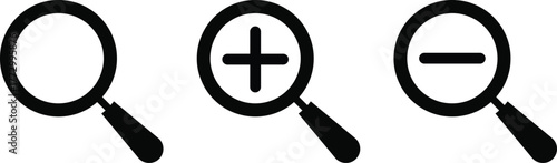 zoom in and zoom out icon set. Search icon with plus and minus sign. Magnifier glass sign with zoom in out symbols 