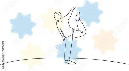 Single Line Drawing Dancer Performing High Kick with Abstract Shapes ballet movement