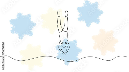 Single Line Drawing Diver Mid- Air with Abstract Pastel diving swimming
