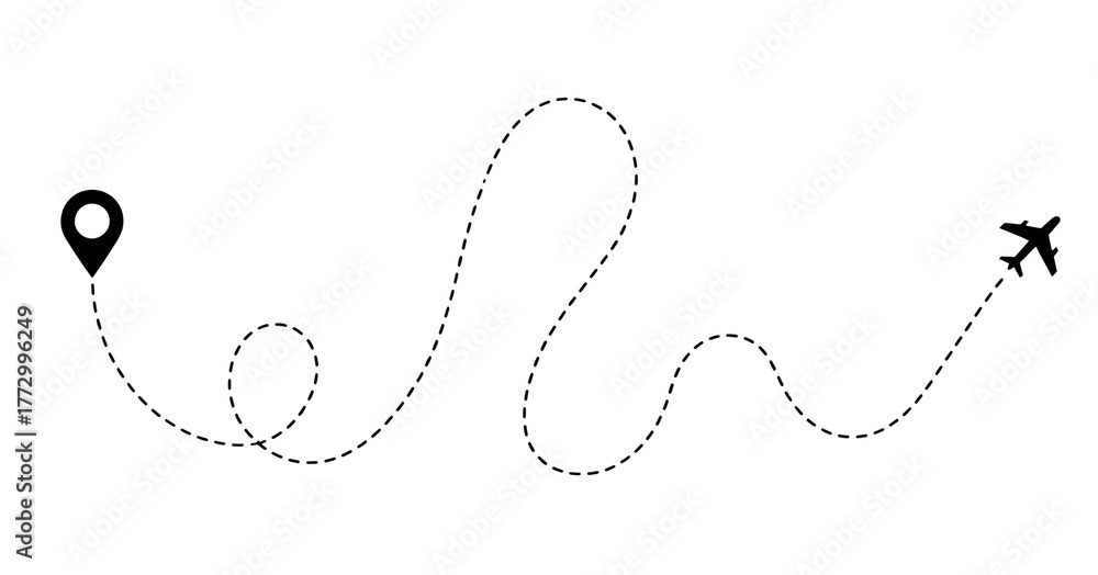 Obraz premium Airplane route with dotted line and location pin, isolated on transparent background