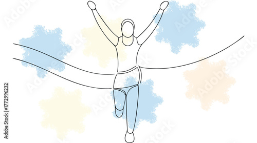 Single Line Drawing Runner Crossing Finish Line with Arms Raised running race