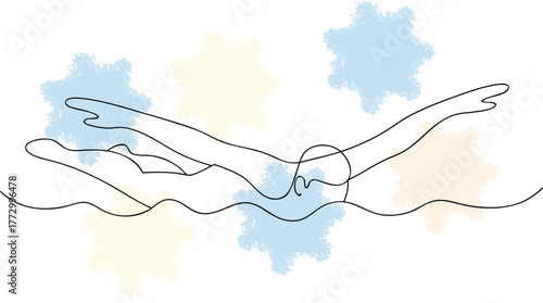 Minimalist Line Art a Swimmer with Abstract Pastel Shapes swimming freestyle single line