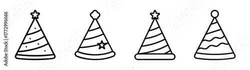 Party hats vector illustration, birthday celebration hats, party accessories, festive conical hats line art