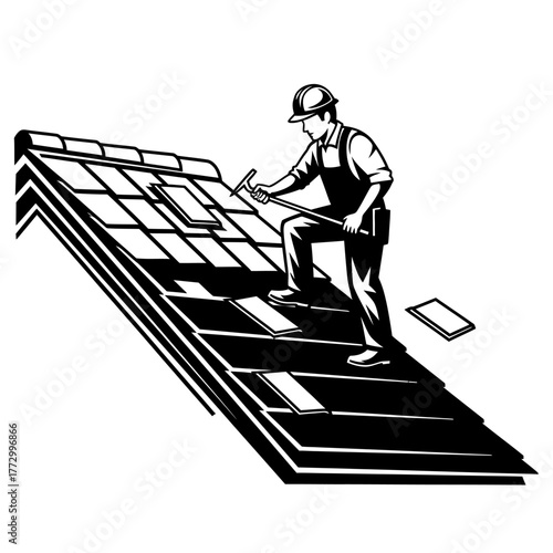 Roofer working on a roof with a hammer.