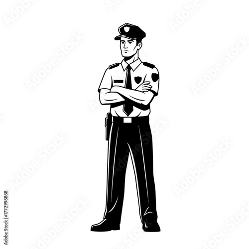 Police officer standing with arms crossed, looking forward.