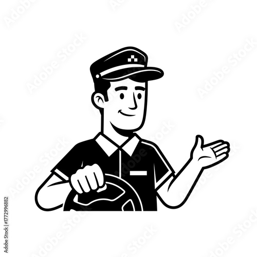 Taxi driver in uniform holding steering wheel and gesturing with hand.