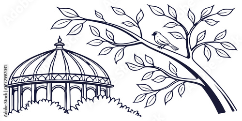 A serene park scene: an elegant rotunda gazebo with a domed roof and a sprawling tree with a small bird perched on a branch. A symphony of silence with a simple pencil line.