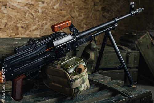 prepared tactical weapons arrangement, armament presentation with field supplies and protective