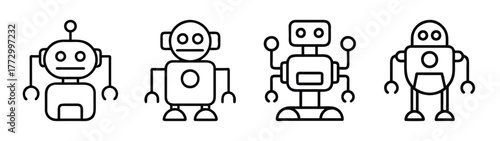 Line art drawing of cartoon robot characters, vector illustration of cute robots clip art images