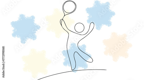 Single Line Drawing a Tennis Player with Abstract Pastel Shapes racket sport