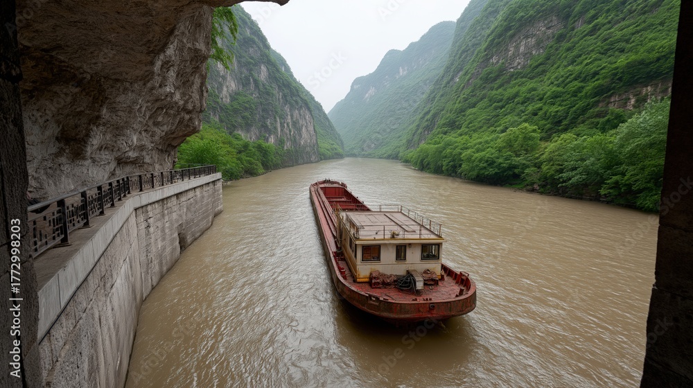 Fototapeta premium A cargo ship travels peacefully along the Yichang Three Gorges river, flanked by steep, verdant cliffs amidst a misty atmosphere