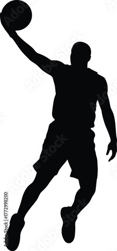 Basketball Player Silhouette Leaping Action Athletic Sport Game Dynamic Pose Vector Art