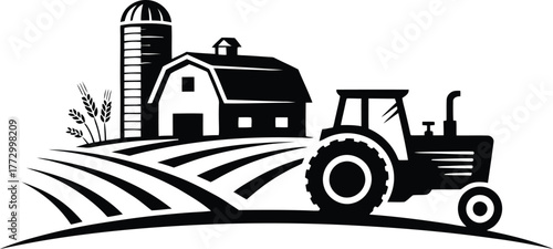 Black and white farm scene with barn, silo, tractor, and plowed fields rural agriculture landscape