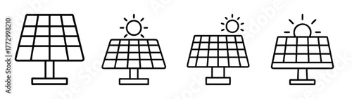 Solar panel energy solutions: photovoltaic cell technology for renewable power generation icon set