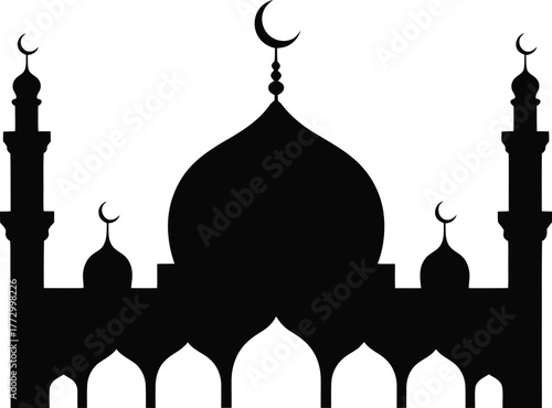 Black Mosque Silhouette Vector with Crescent Moon and Minarets Islamic Architecture Symbol