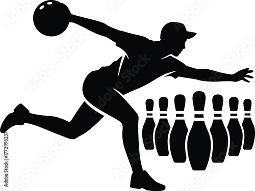 Bowling Player Silhouette with Ball and Pins Sport Activity