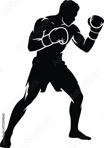 Boxing Fighter Silhouette in Fighting Stance with Gloves Boxer Male Athlete Sport