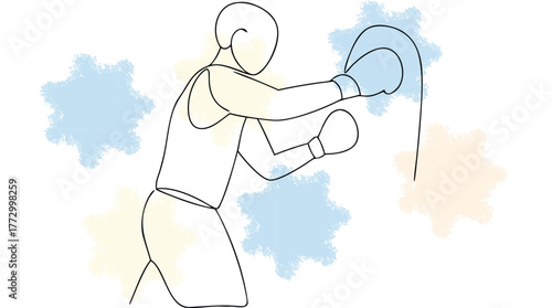 Minimalist Line Art a Boxer Training with Abstract Pastel Shapes boxing sport single line
