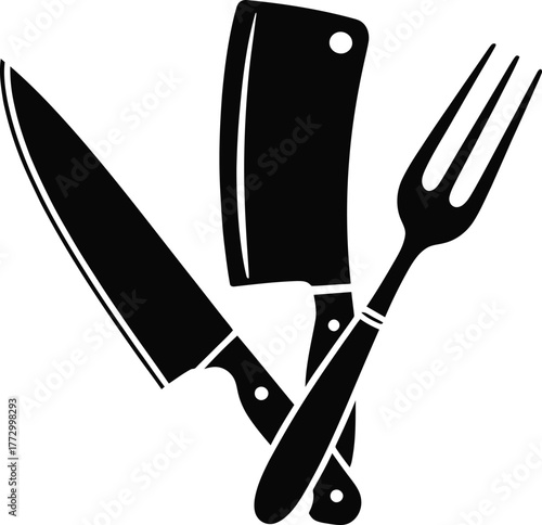 Classic Butcher Shop Utensils Knife Cleaver Fork Set Vector Illustration