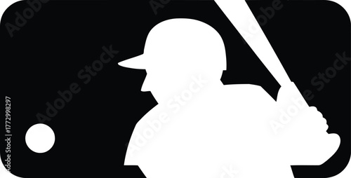 Classic baseball player silhouette with bat in rectangular logo and ball graphic design illustration