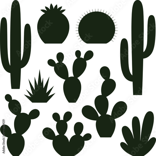 Diverse selection of desert plants including saguaro prickly pear and agave silhouettes vector icons set