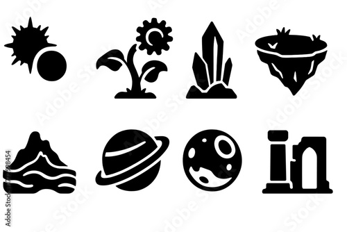 Alien Worlds Icons. Solid style icons of Alien Worlds: twin suns, exotic flora, crystal spire, floating island, lava sea, gas